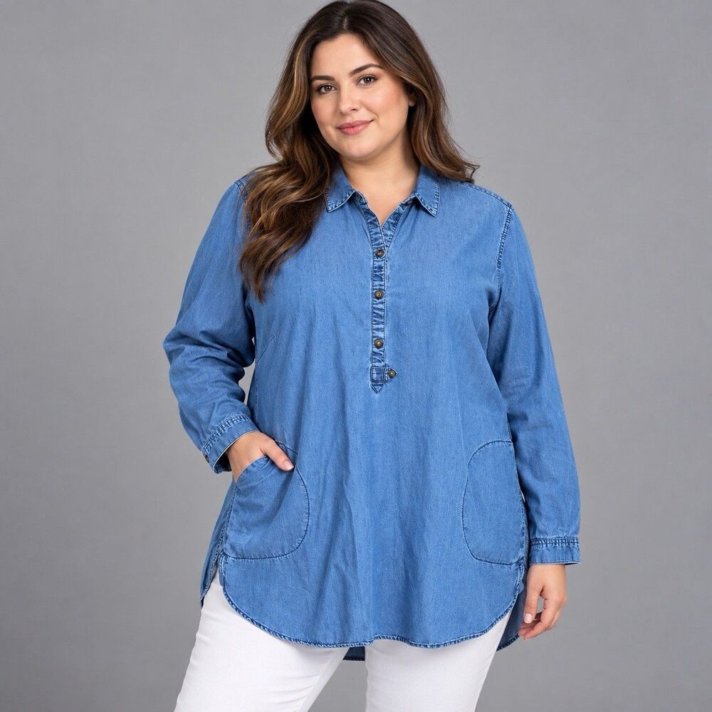 J Jill Denim Lyocell Tunic Shirt Woman’s L Blue Chambray Pullover Pocket Blouse